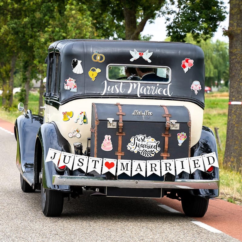 Konohan 16 Pcs Just Married Car Decorations Include 14 Assorted Ornate Car Magnets Just Married Window Decal and Cardstock Sign Banner Wedding Decorations for Bridal Shower Honeymoon Photo Props - Image 5